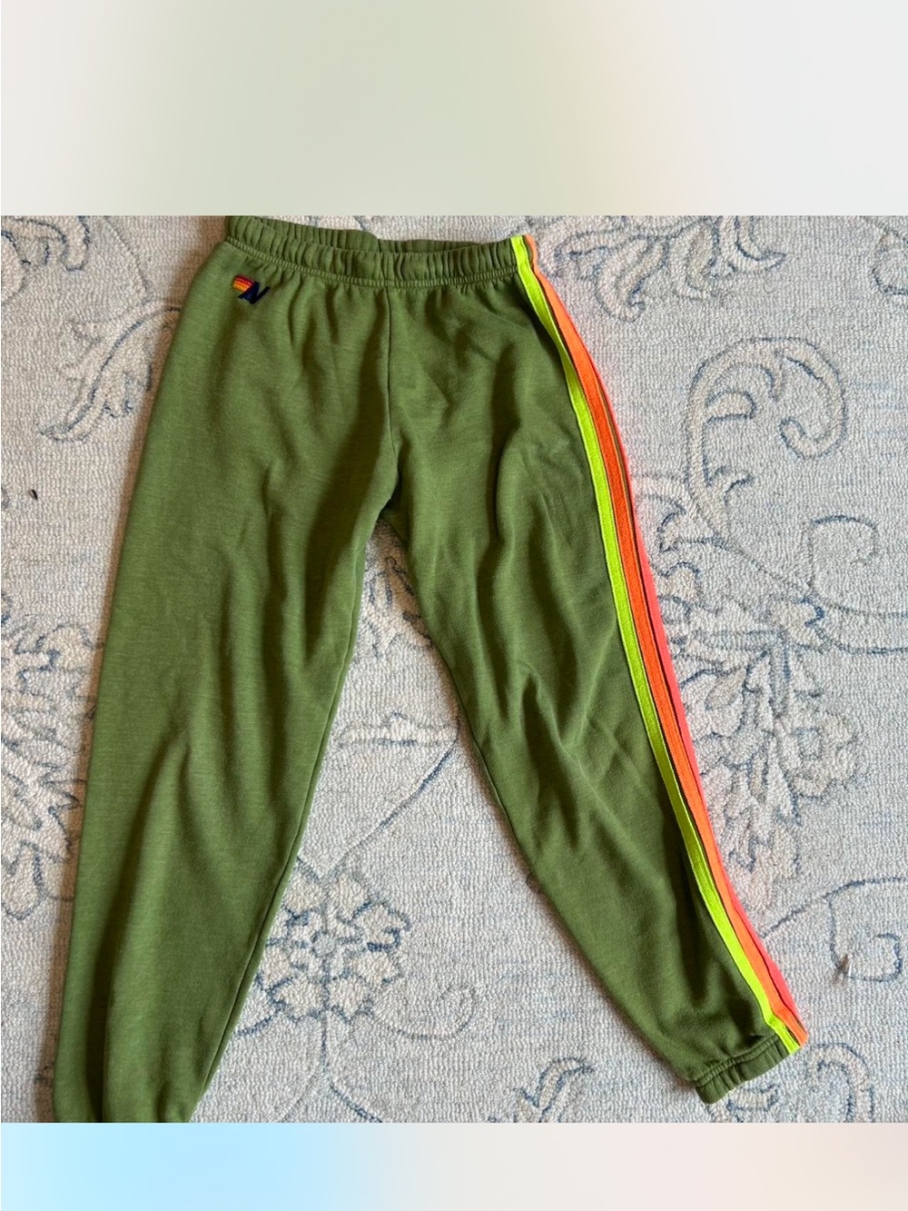 women’s Aviator Nation Olive Green Track Pants with Neon Side Stripes